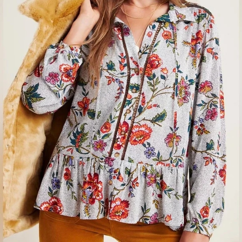 Maeve By Anthropologie Janie Flounced Peasant Blouse Cottage Core Floral Size 2